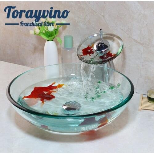 Glass Hand Painted basin set Bathroom basin single hole deck mount glass Waterfall faucet with drain Cold & Hot Water mixer taps