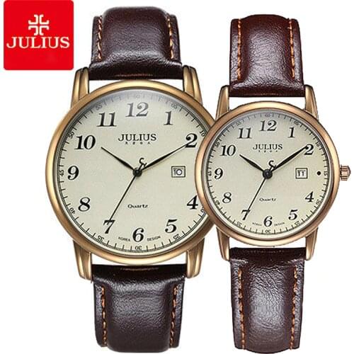 Julius Womens Mens Wrist Watch Quartz Hours Auto Date Fine Fashion Dress Leather Couple Lovers' Birthday Gift JA-508