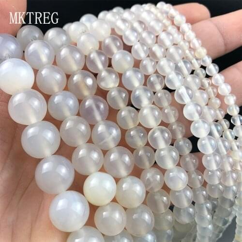 MKTREG Natural White carnelian Beads Round Loose Agates Stone Bead For Making Jewelry DIY Bracelet 15'Strand 4/6/8/10/12mm Ball