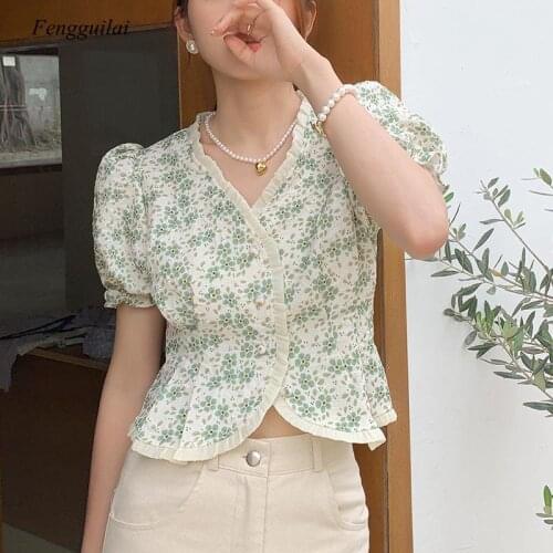 Summer New Womens 2021 Design Short Shirt Girls' Floral Sweet Elegant Short Sleeve Slim Top for Sweet Wear