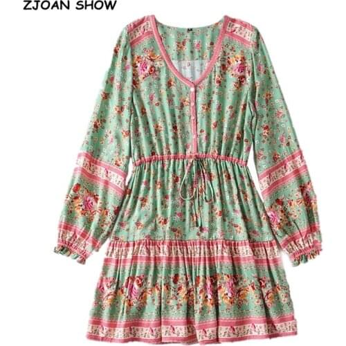Holiday Buttons Collar Pink Floral Print Long Sleeve Short Dress Hippie Adjustable Lacing up Waist Bohemian Women Dresses BOHO