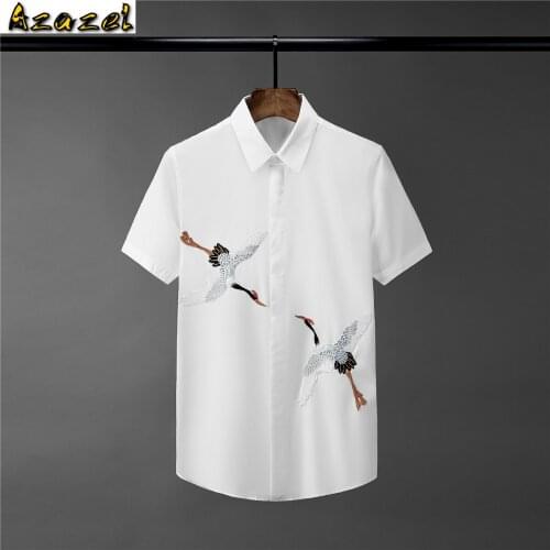Azazel Mens Shirts Luxury Double Crane Embroidery Short Sleeve Mens Dress Shirts Plus Size 3xl 4xl Slim Fit Party Male Shirts