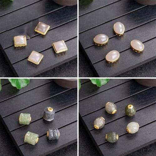 S925 Plating Gold Separated Bead Natural Nephrite Carving Egg Bucket Shaped Reiki Jade Accessories for DIY Bracelet