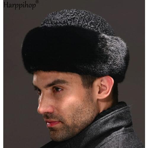Real genuine mink with wool hat winter Russian mens warm caps whole piece mink sheep fur hats