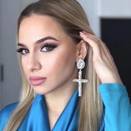 2021 New Trend Women with Large Drop Earrings Inlaid with Crystal Drop-shaped Cross Pendant Fashion Ladies Banquet Jewelry Gifts