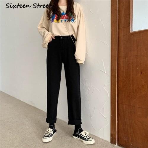 2020 Spring Summer New Korea Fashion Women High Waist Loose Jeans Vintage Black Casual Cotton Denim Harem Female Pants Y2K White