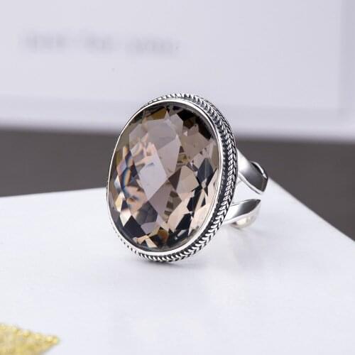 New 925 Sterling Silver color Elegant Brown Smoky Quartz Crystal Ring for Women Lady Hollow Wedding Engagement Ring Jewelry Gift