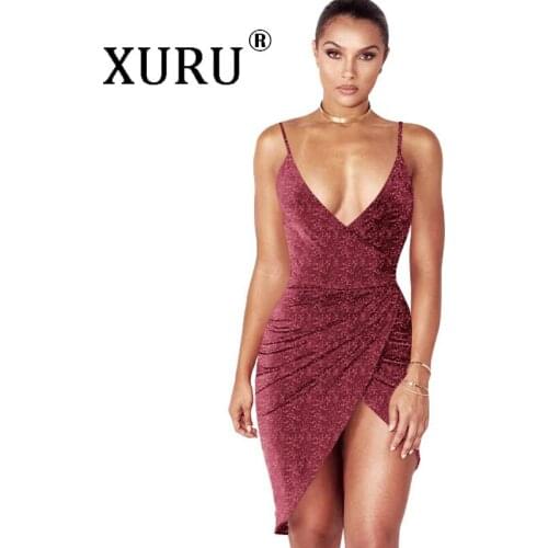 XURU European and American New Style Womens Dress Shiny Sexy Pleated Dress Slim Irregular Nightclub Dress