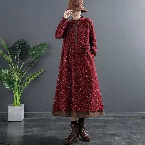 Retro Floral Plus Velvet Dress Womens 2020 Autumn Winter New Long-Sleeved One-Size Loose Base Waist Hedging Dresses Women