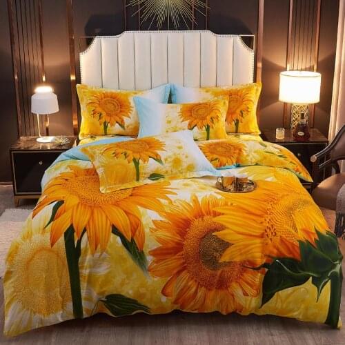 100%Cotton Brushed Ultra Soft Friendly Duvet Cover Set 4Pcs Sunflowers Blossom Bedding set Queen King size Bed Sheet Pillowcases