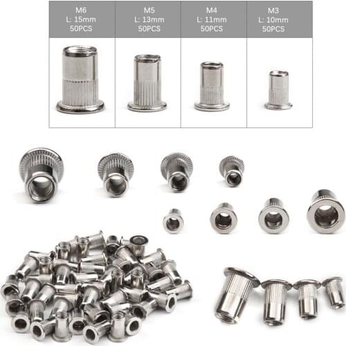 200PCS Multi Size Stainless Steel Flat Head Rivet Nuts Set M3 M4 M5 M6 Insert Reveting Rivet Nuts