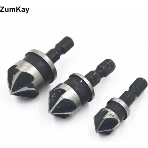 3PCS Carbon Steel 90 Degrees Hexagonal Countersink Woodworking Hole Handle Five Blade Chamfering Cutter