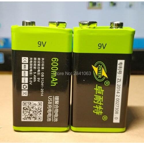 2X ZNTER S19 9V 600mAh USB Rechargeable li-ion 9V Lipo Battery RC Battery For microphone no USB cable