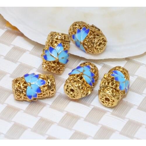 10*15mm barrel rice shape 5pcs charms cloisonne beads carved blue flower gold-color accessories spacers jewelry making B2385