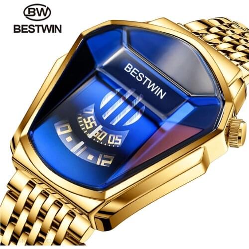 2021 BESTWIN Brand Luxury Sport Military Watch Men Gold Stainless Steel Quartz Waterproof Wrist Watches Clock Relogio Masculino
