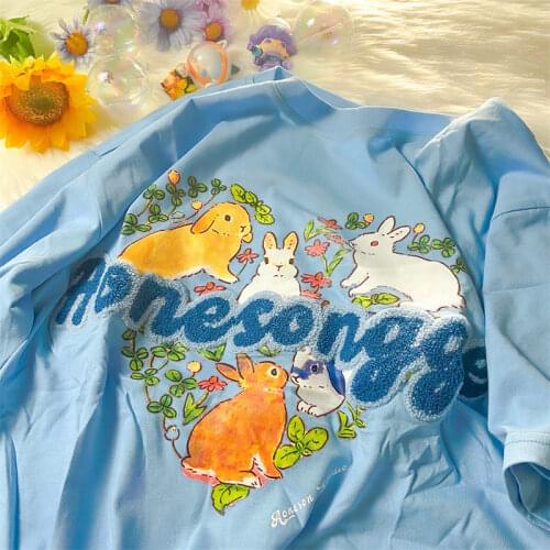 Purple Blue Cute Cartoon Rabbits Print T Shirts Graphic Tee Vintage Streetwear Teens Clothes Summer Plus Size Tops Korean Gothic