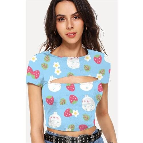 Somepet Rabbit T shirt Women Strawberry Shirt Print Flower Hollow Out T shirts Short Sleeve Hip Hop Printed Streetwear Tops