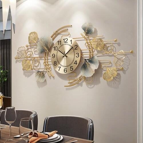 Chinese Luxury Wrought Iron Ginkgo Biloba Wall Clocks Home Livingroom Wall Sticker Crafts Entrance Store Wall Mural Decoration