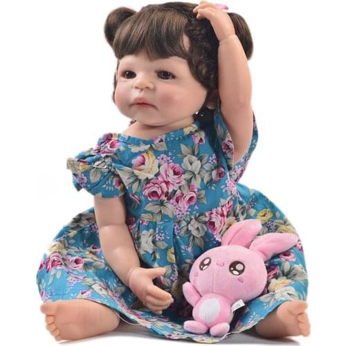 Bebe 22 inch curly hair Princess full glue rebirth doll, blue floral skirt, childrens festival gift, childrens growth playmate