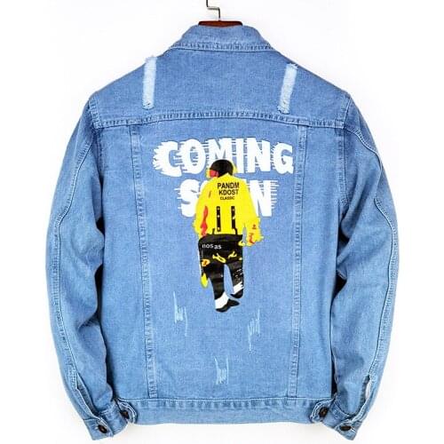 New denim men jacket spring light blue printed Jeans Coats Cotton Soft Outerwear Casual Loose Streetwear Ripped Clothing