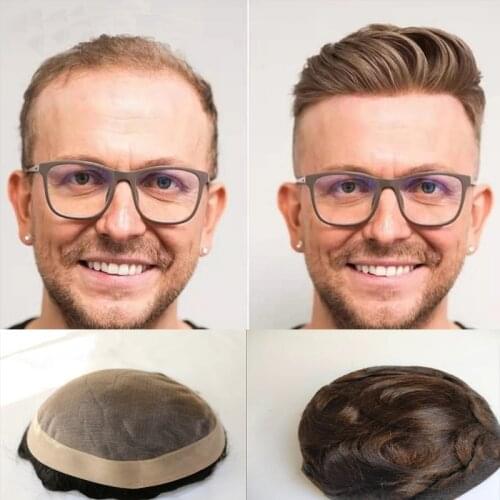 Natrual Hair Straight 100% Human Hair Toupee Thin Skin Toupee For Men Pu +lace Men Toupee Replacement System Black Color 8x10