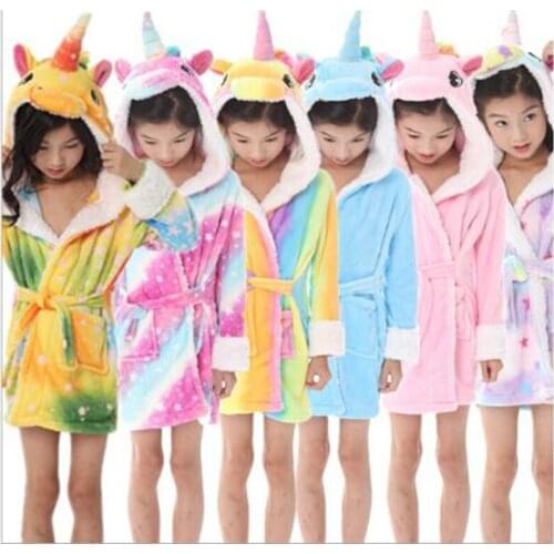 New Winter Autumn Unicorn Hooded Children Bathrobes Kids Cartoon Bath Robe Animal For Boys Girls Pyjamas Nightgown Sleepwear