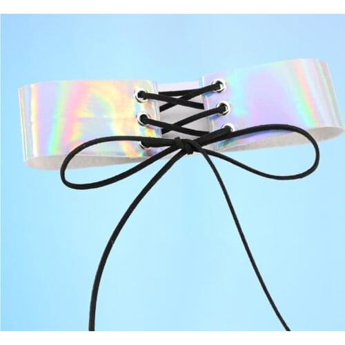 New Retro personality exaggerated laser wide leather soft velvet lanyard band hollow-out sexy adjustment black rope neck collar