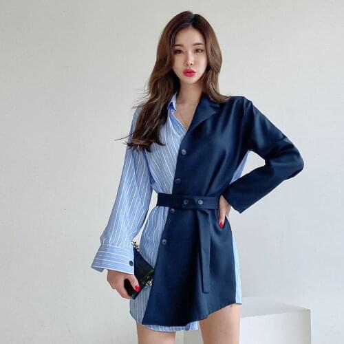 S-XL Plus Size 2020 Autumn Work Dress Women Patchwork Mini Bodycon Shirt Dress Ladies Slim Tight Blue Dress Woman Vestidos