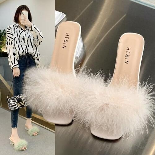 Womens Sandals Summer High-heeled Shoes Women 2021 New Korean Fashion Shoes Female Students Thick Heeled Hairy Sandals Women