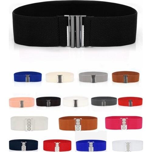 New Fashion Lady Wide Elastic Belt Leather Belt Double Metal Buckle Waistband Stretchy Women Waist Belt