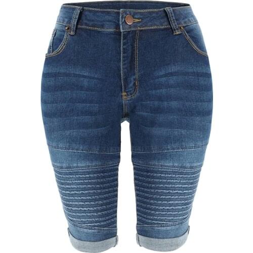 Denim Bermuda Shorts Women Middle Rise Elastic Knee Length Shorts Summer Curvy Stretch Moto Short Jeans Pants
