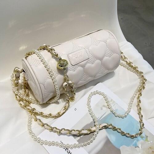 Pearl Chain Shoulder Bags for Women Pure Color Leather Crossbody Bags Ladys Heart Pattern Messenger Bag Simple Designer Handbags