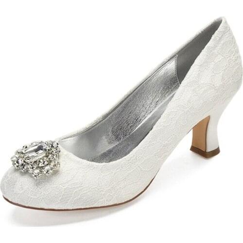 Mid Heels Lace Crystals Wedding Shoes Women Round Toe Slip-on Heeled Lace Wedding Bridal Party Dress Pumps Women
