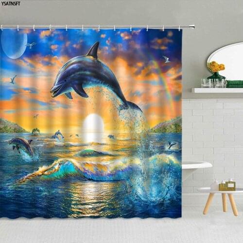 Funny Cartoon Ocean Animal Shower Curtain Dolphin Rainbow Wave Sunset Lotus Fish Bathroom Supplies Decor Cloth Curtains Washable