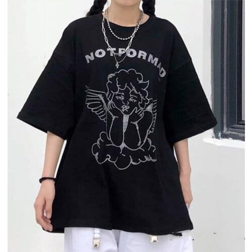 100%Cotton ins Crystal Angel Black T Shirts Women Oversized Brand Streetwear Summer Tees Tops 2021New Korean Trend Loose Tshirts