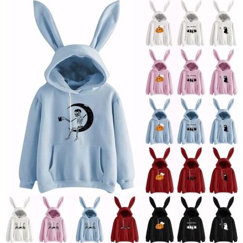 Plus Size Rabbit Cap Hoodie Women Sweetshirts Drawstring Print Long Sleeve Hooded Cute Pocket Sweatshirt Sudaderas Con Capucha