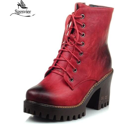 Sgesvier 2019 New Platform Thick High Heel Shoes Round Toe Women Ankle Boots Cross-Tied Female Bootie Casual Fashion Shoes G629