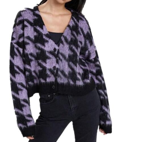 Woman Plaid Warm Knitted Cardigan Fashion Autumn Sweaters Soft Loose Oversize Single Breasted Preppy Cropped Knitted Coat V-Neck