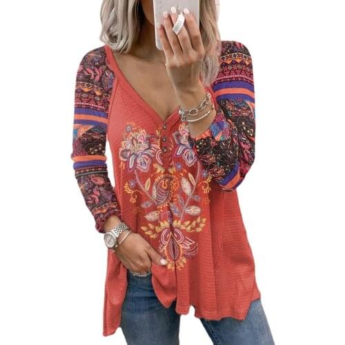 2021 Spring Autumn Fashion Casual Womens Long Sleeve V-neck Print Loose Large Pullover T-shirt Button Decoration Pure Cotton