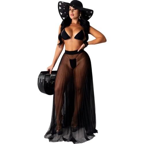 Elegant Party 3 Piece Set Women Backless Halter Bra Crop Top Maxi Long Skirt Set Sexy Sheer Mesh Beach Wear Summer Club Outfits