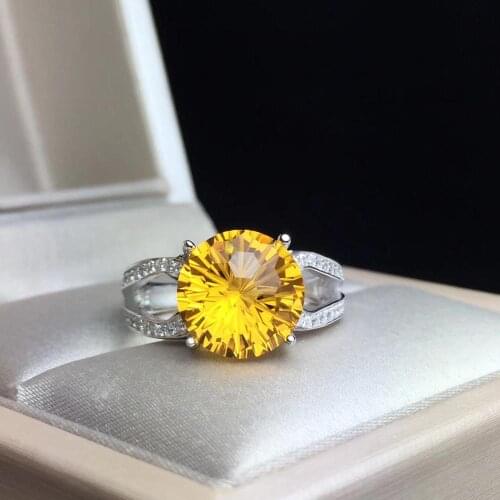 Attractive yellow citrine Ring for women fine jewelry round natural gem certified 925 sterling silver bright color boy gift