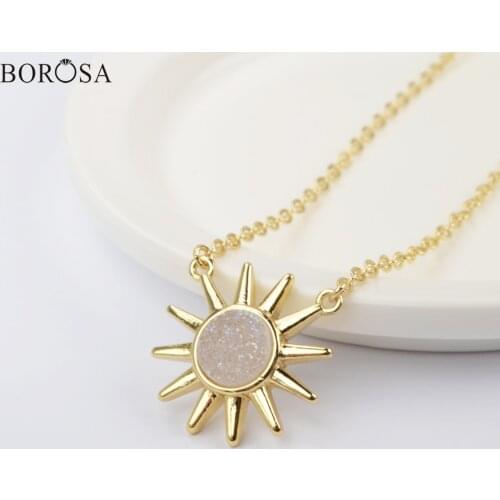 BOROSA Gold Sun Natural Agates Titanium Druzy Pendant Neckalce 18"Gold Chain Statement Necklace Fashion Women Party Gifts ZG0440