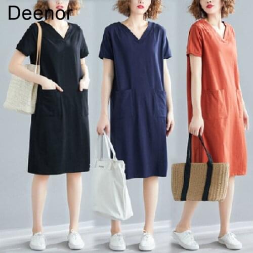 Deenor Summer 2021 New T Shirt Dress for Women Solid V-neck Mid-length T-shirt Female Fashion Elegant Dresses Plus Size Vestidos