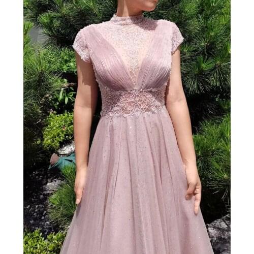 Rose Golden Arabic Pink Fashion Ladies Evening Dresses Elegant V-Neck Cap Sleeve Party Dark Charming Gowns Woman Beading