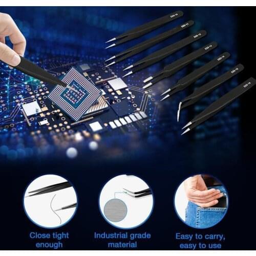 Anti-static Stainless Steel Tweezers Mobile Phone DIY Maintenance Tool Industrial Curved Straight Precision Tweezers Makeup Tool