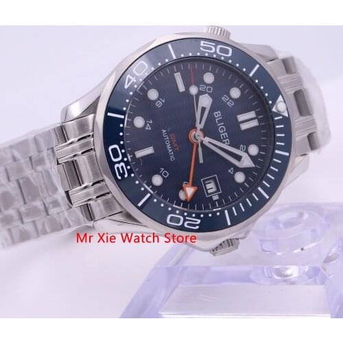 Bliger 41mm Automatic Mechanical Mens Watch Sapphire Glass Stainless Steel Bracelet Luminous Waterproof Calendar GMT Watch Male