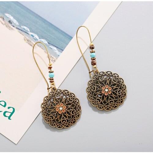 Bohemian Ethnic Earrings Womens Indian Jewelry Vintage Alloy Hollow Out Carved Flower Dangle Earrings Accessories