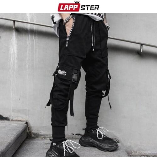 LAPPSTER Ribbon Streetwear Cargo Pants 2021 Men Hip Hop Joggers Pants Black Sweat Pants Casual Trousers Overalls Men Track Pants