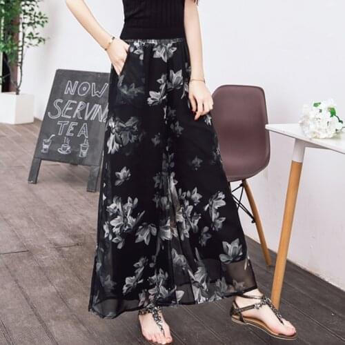 TingYiLi Chiffon Wide Leg Pants Holiday Beach Boho Casual Pants Women Summer Flower Print Black Palazzo Pants