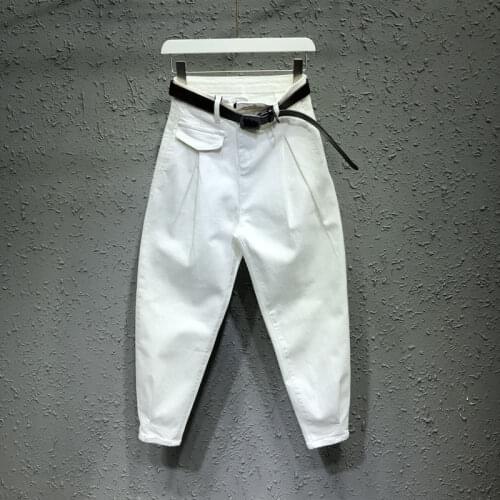 White Daddy Baggy Pants Women 2021 New Spring Autumn Patch Folds All-match Loose Ankle-length Jean High Waist Casual Trousers